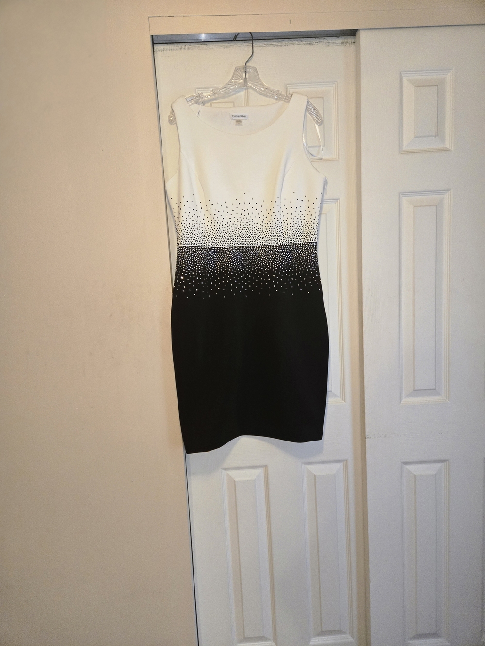 Calvin Klein White and Black Sheath Dress with Embellished Waist